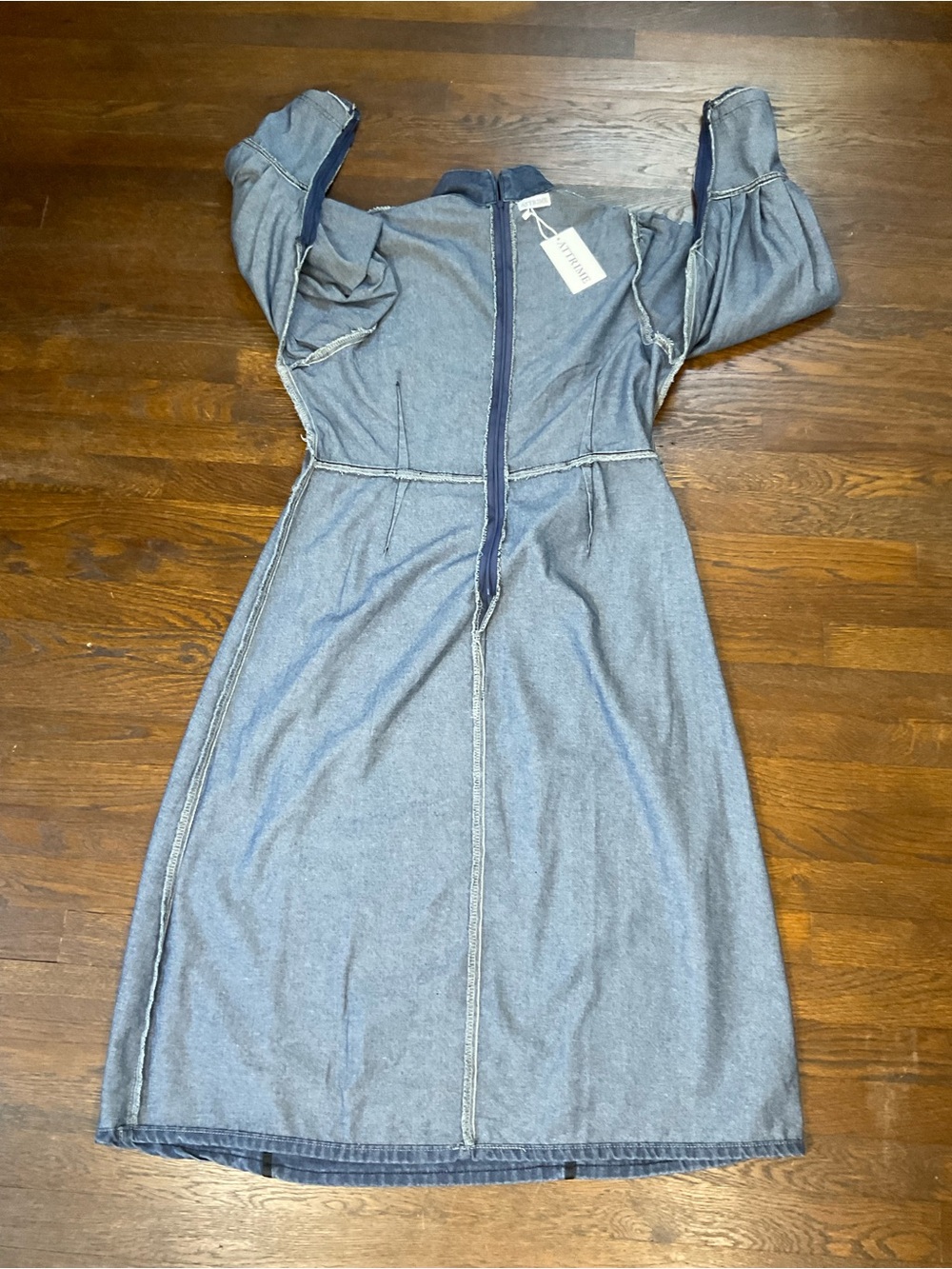 NWT ATTRIME Denim Midi Dress Puff Sleeve High Neck Black Trim Equestrian L/XL - Picture 15 of 16